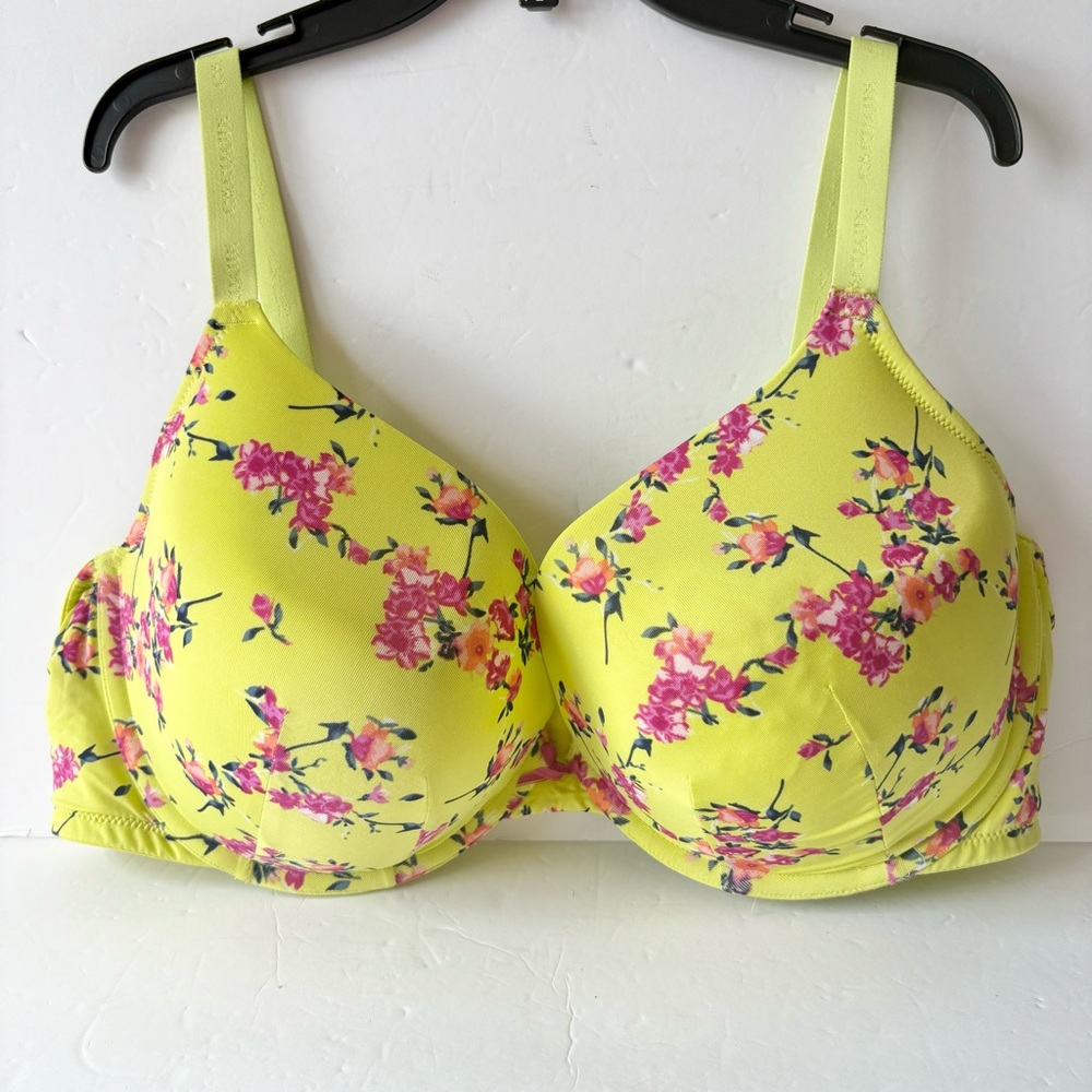 Cacique Chartreuse Yellow Floral Print Boost Plunge Full Coverage Bra